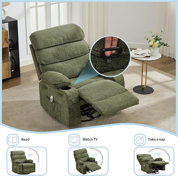 360° Swivel Massage Rocker Recliner with Heat &amp Linen Upholstery Glider Chair for Adults with Side Pocket &amp 2 Cup Holders – Ergonomic Comfort for Living Room Bedroom &amp Home Theate（Green）