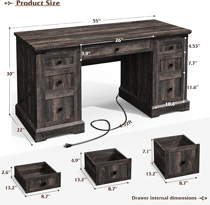 EnHomee 58 W Farmhouse Executive Desk with Drawers Wood Home Office Desks with Power Outlets Rustic Computer Desk with Storage Cabinet for Working Studying Writing Dark Rustic Oak