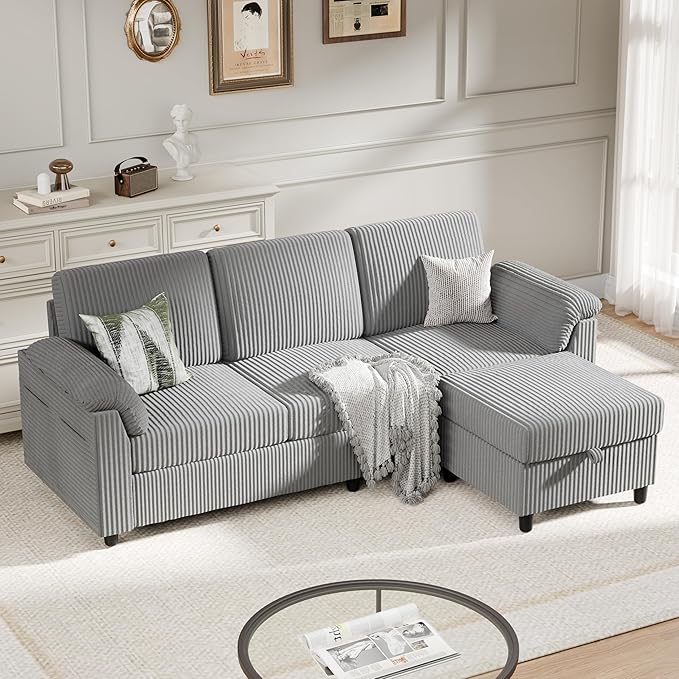 Meilocar Sectional Sofa Couch for Living Room 79 Sectional Couches with Storage Ottoman L Shaped Couch with Sloping Armrests 3-Seat Sofa Couches for Small Space Light Grey | Breathable Material
