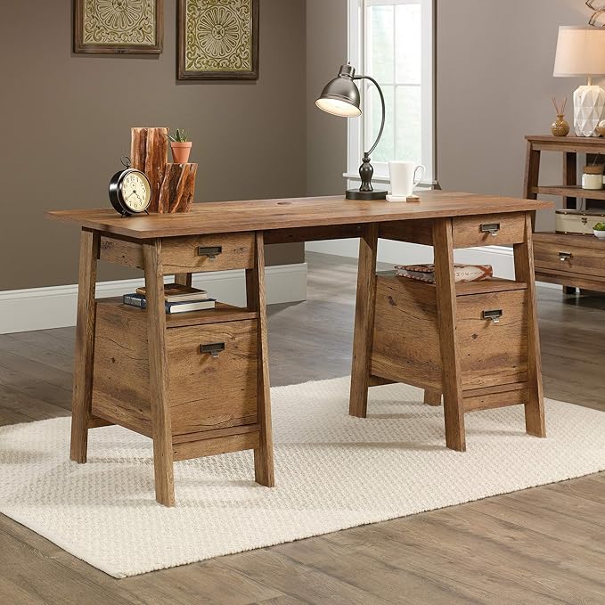 Sauder Trestle Executive Desk with Filing Home Office Desk with Storage Vintage Oak Finish