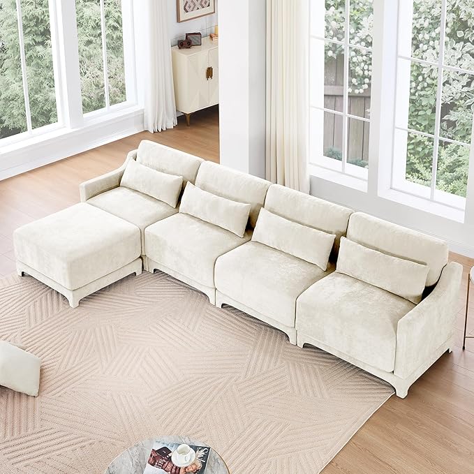 Modular Sectional Sofa Set Optional 2-4 Seater with Lumbar Pillows &amp 0-2 Ottomans Chenille Fabric Ergonomic Easy Assembly for Living Room/Bedroom/Reading Nook (4 Seat + 1 OttomanBeige)