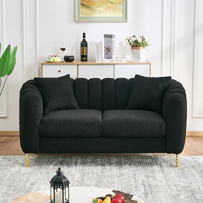 Black Cloud Couch for Living Room 63.5 Modern Comfy Overstuffed Deep Seat Tufted Sofa with Gold Legs &amp Pillows Plush Teddy Boucle Upholstered Curved Loveseat Settee with Round Arm (Black 2 Sea