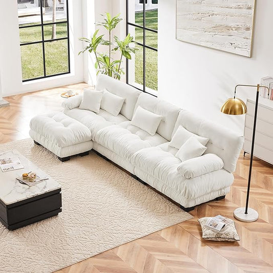 Modular Sectional Sofa Comfy Sofa with Ottoman Cloud Couch 3 Seater Couch for Living Room Modern L Shaped Sleeper Deep Seat with 5 Pillows Chenille White