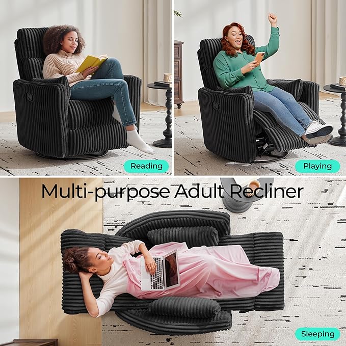 LINSY 360 Swivel Recliner Chair Nursery Glider Rocking Chair with 2 Pillows Corduroy Nursing Chair Comfy High Back Adult Rocker Recliner for Small Spaces Nursery Bedroom Living Room (Black)
