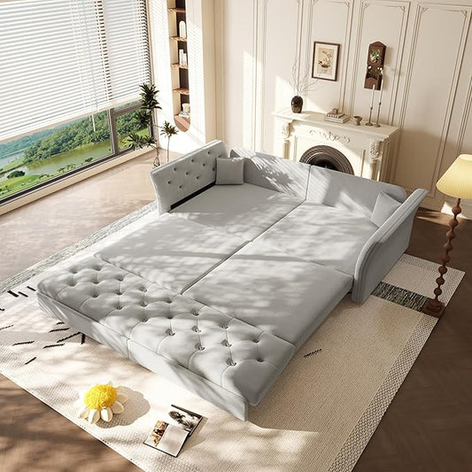 KEIKI 74.7 Queen Pull Out Sofa Bed Velvet Convertible Sleeper Sofa Button Tufted Chesterfield Sofa Pull-Out Couch Bed for Living Room Bedroom Apartment Light Grey