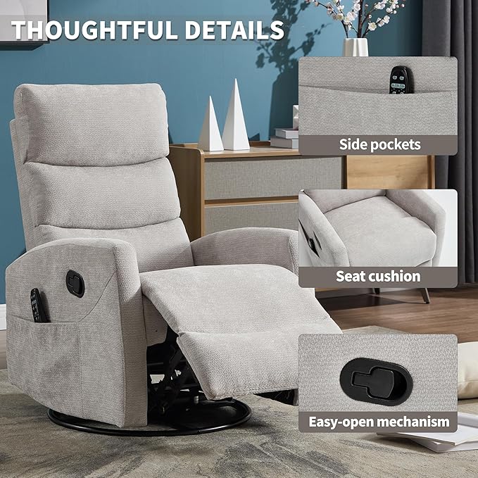 Manual Swivel Rocker Recliner Chair for Adults Overstuffed Reclining Glider Chair for Nursing with Vibration Massage &amp Heat Living Room Rocking Recliner 3-Stage backrest Chenille Fabric Light G
