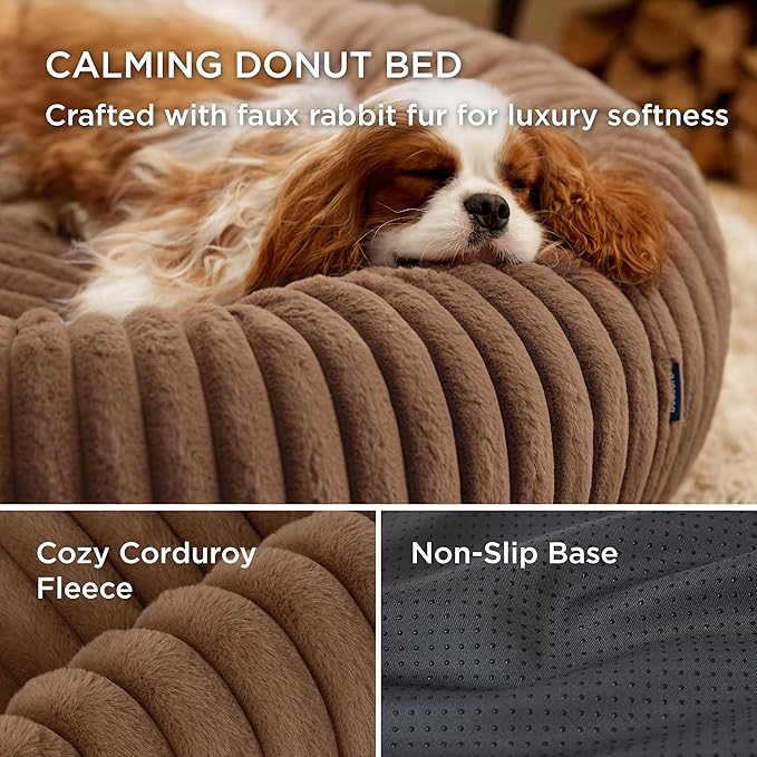 Bedsure ComfyFleece™ Donut Small Dog Bed - Dog Beds for Small Dogs with Corduroy Fleece &amp Anti Slip Bottom Round Faux Fur Pet Beds with Washable Removable Cover Camel Brown 27x27x8 inches