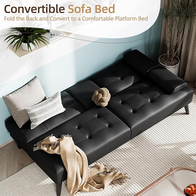 Shintenchi Futon Sofa Bed Leather Foldable Couch Reclining Sleeper with Removable Armrests Upholstered Loveseat Sofa Couch with Folding Cup Holders for Home Office(Black)