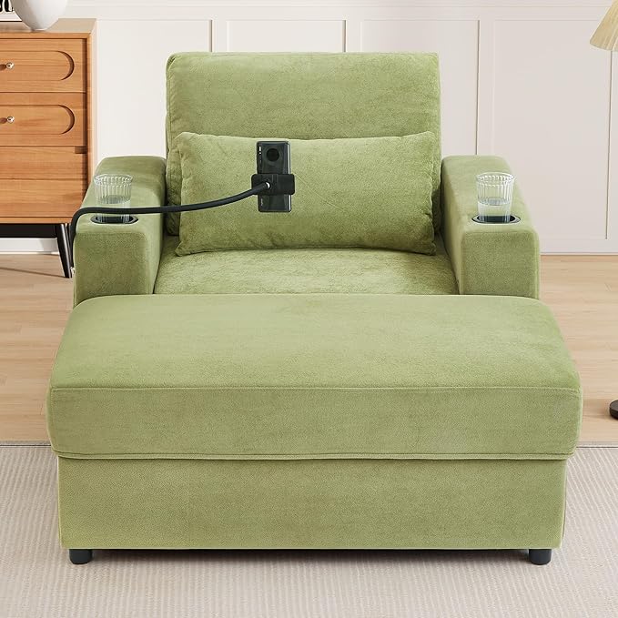 Eafurn 42.5 Oversized Accent Chair with Storage Ottoman Convertible Chaise Lounge Chenille Upholstered Cloud Sofa Chair w/Cupholders and USB Ports Modern Extra Wide Armchair