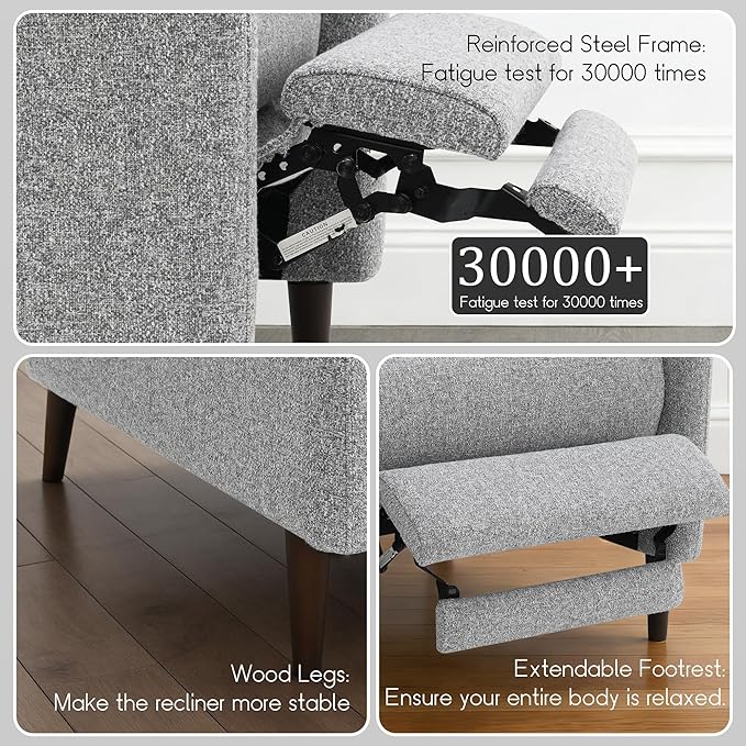leovanni Push Back Recliner Chair Fabric Upholstered Recliner with Adjustable Backrest and Footrest Modern Comfy Reclining for Living Room Bedroom Small Spaces Gray