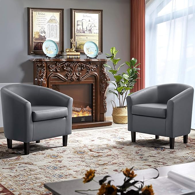 Yaheetech Barrel Chairs Faux Leather Chairs Modern Leather Club Chairs Comfy Gray Accent Chairs with Sturdy Wood Legs for Living Room/Bedroom/Reading Room/Waiting Room Gray Set of 2