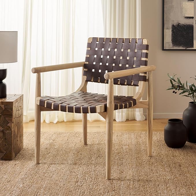 SAFAVIEH Home Collection Dionne Natural Sungkai Solid Wood/Cognac Brown Leather Woven Accent Chair (Fully Assembled)