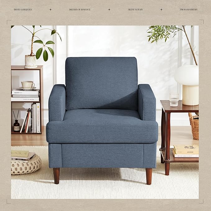 Mid-Century Accent Chair Comfy Upholstered Reading Accent Chairs for Bedroom Modern Linen Fabric Armchair for Living Room Single Sofa Chair with Wood Legs (Blue Grey 2 Pack)