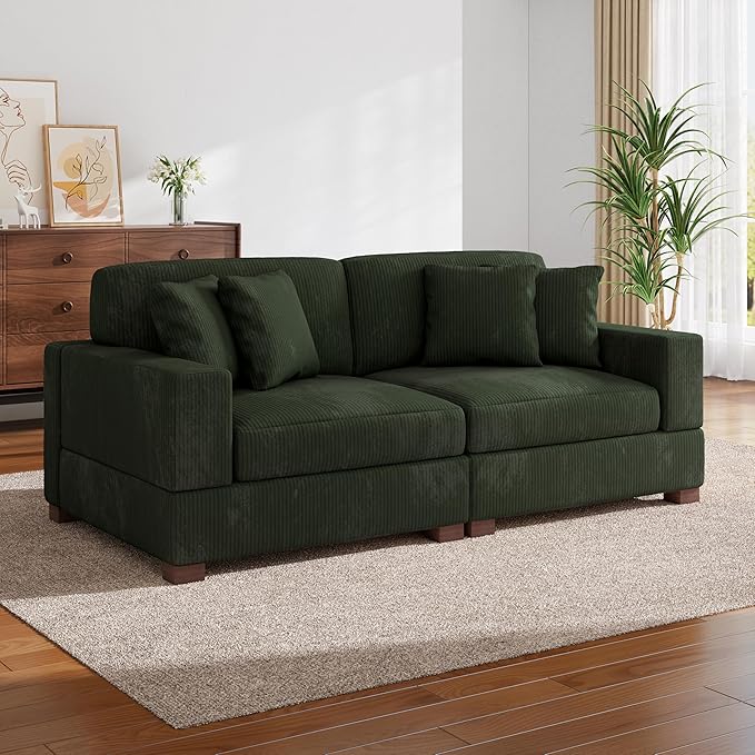 82 Loveseat Sofa Comfy Corduroy Fluffy Couch with Deep Seat Upholstered 2-Seater Sofa Bed for Living Room Bedroom Green