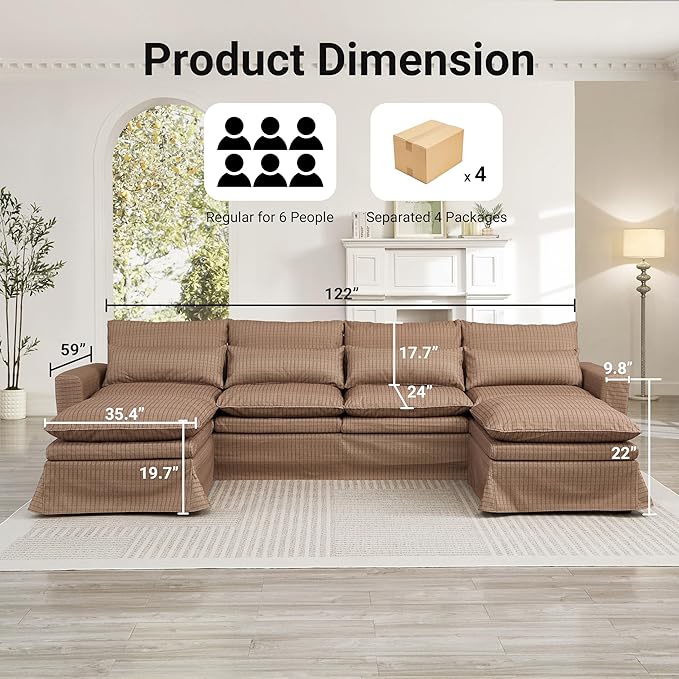 122″ Oversized Modular Sectional Sofa with Movable Ottoman 6-Seat Deep Seat Sofa with Individual Sofa Covers U Shaped Couch for Living Room Bedroom Apartment Fabric Brown Plaid