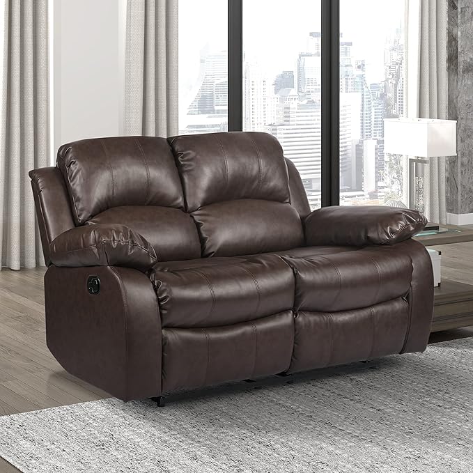 Lexicon Humphreys Loveseat Recliner - Soft Faux Leather Double Reclining Sofa Manual Pull Tab Wall Hugger High-Density Foam Solid Wood Frame Easy Assembly 62.5 W Living Room RV - Brown
