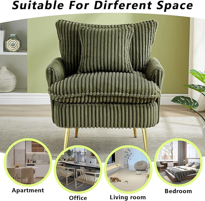 30 Green Accent Chair Corduroy Accent Armchair with Soft Pillow &amp Gold Legs Comfy Upholstered Arm Chairs for Samll Space Living Room Bedroom 300 LBS Capacity (Green)