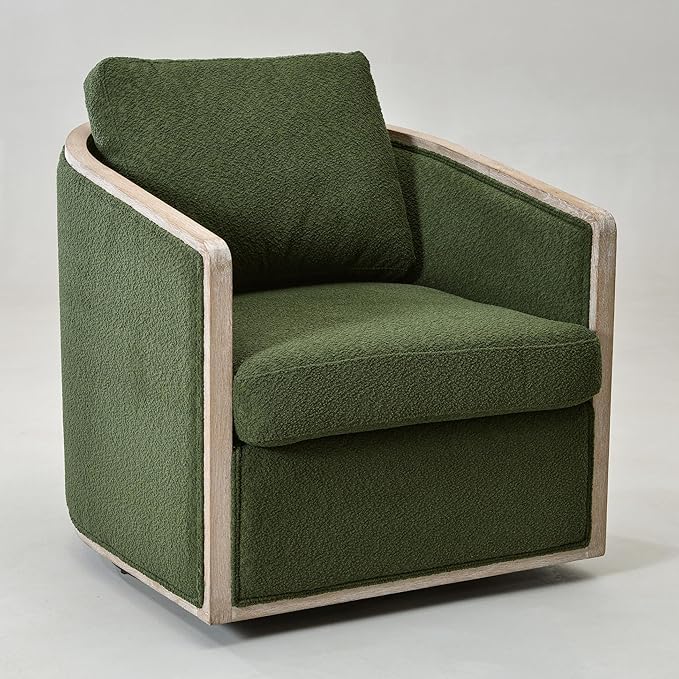 KINWELL 31 W Wood Frame Modern Boucle Swivel Barrel Armchair Mid Century Upholstered Accent Sofa Chair with Pillow Back for Living Room Lounge &amp Bedroom Green