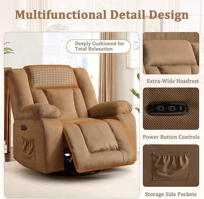 Rocker Recliner Chairs for Adults Swivel Rocking Chair with Heat and Massage Modern Electric Recliner with Extra Wide Waffle Fabric Massage Chair Recliner for Living Room Bedroom