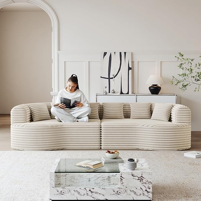KEIKI 106.3 Curved Sectional Sofa Oversized Cloud Couch with 6 Pillows Deep Seat Sofa for Living Room Guest Bedroom No Assembly Required Beige