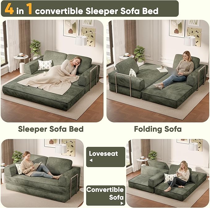 Homall 4-in-1 Convertible Sofa Bed Oversized Boneless Couch with 4 Frame Kits and Removable Armrests Corduroy Sleeper Sofa with 2 Pillows for Small Space No Assembly Required (Green)