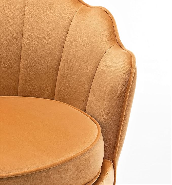Velvet Barrel Accent Chair with Scalloped Silhouette and Gold Metal Legs Decorative Piece Suitable for Traditional Modern and Contemporary Spaces Mustard Yellow