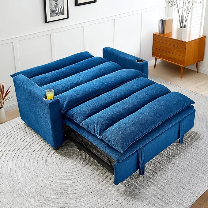 56.3 Convertible Sleeper Sofa Bed 3 in 1 Velvet Pull Out Loveseat Couch Modern Comfy Thick Cushion Futon with Adjustable Backrest &amp 2 Cup Holders Space Saving for Living Room Small Apartment B