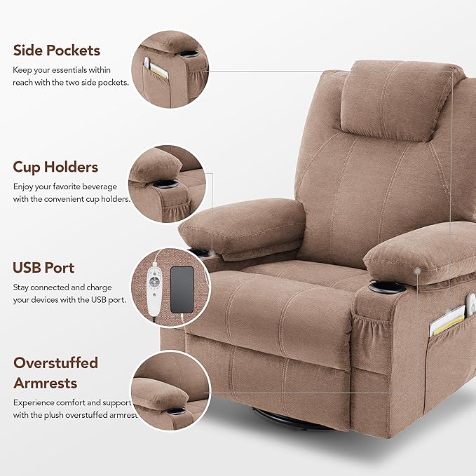 Swivel Rocker Recliner Chair with Heat and Massage 360 Degree Swivel Rocking Single Sofa with Cup Holders and USB Port Big Oversized Recliner Chair for Living Room (Fabric Brown)