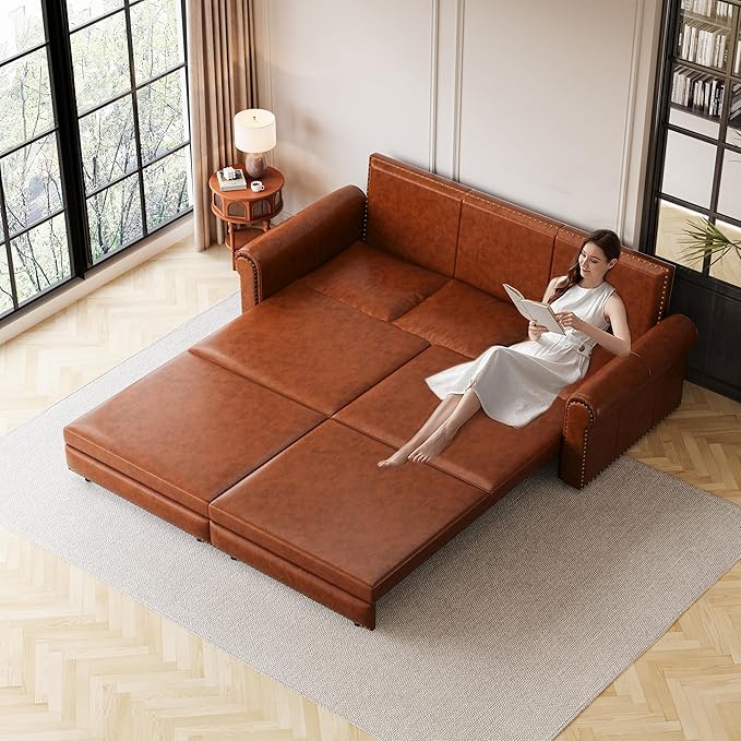 93.7 King Pull Out Sofa Bed Faux Leather Convertible Sleeper Couch with Nailhead Trim Oversized Mid Century Modern Chesterfield Sectional Couch for Living Room Light Brown
