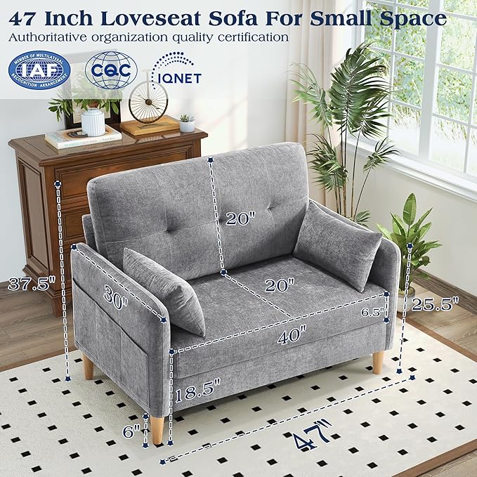 Hanherry Loveseat Sofa 47” Small Couch for Living Room Comfy Chenille Fabric Love Seat for Bedroom with Throw PillowRemovable Cushion CoverCouches for Small SpaceApartmentDorm