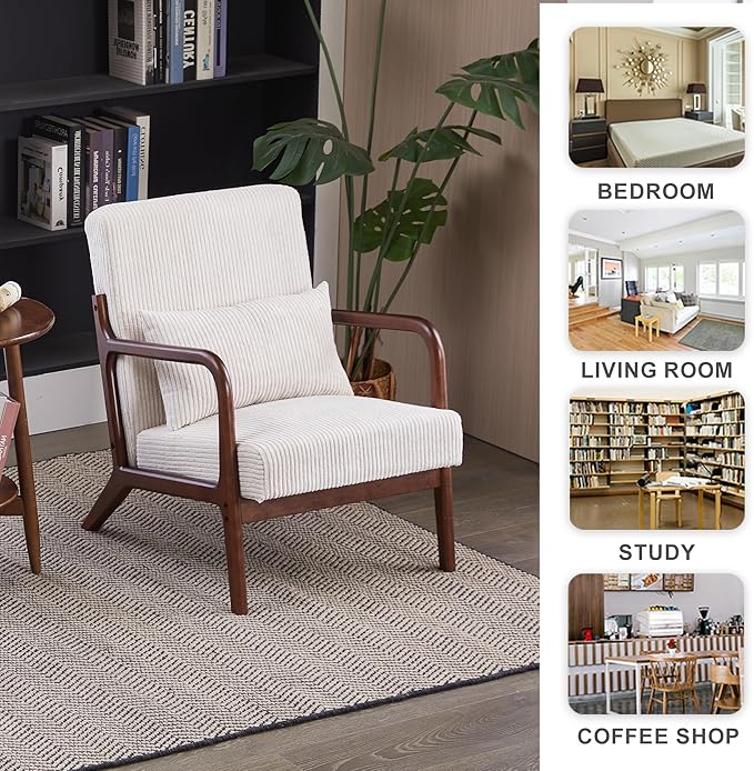 Mid Century Modern Accent Chair Upholstered Corduroy Armchair with Lumbar Pillow Solid Rubberwood Frame for Living Room Bedroom Waiting Room White