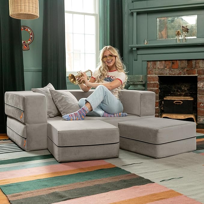 Jaxx Zipline Convertible Sleeper Loveseat &amp Ottomans Textured Microvelvet - Dove Grey