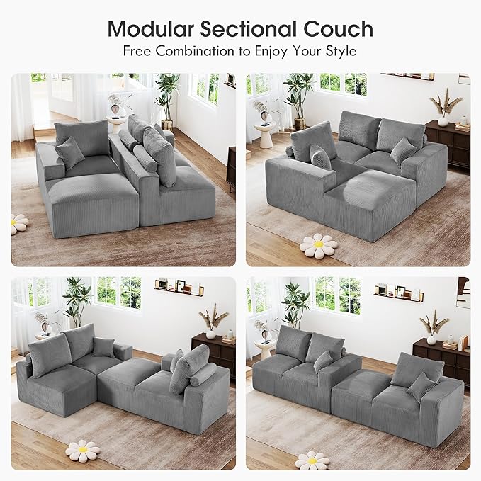 108 Modular Cloud Sectional Sofa 17.8 Comfort Height &amp Neck Pillow Modern Corduroy Couch with L-Shape Oversized Chaise for Living Room Bedroom No Assembly Required (Grey)