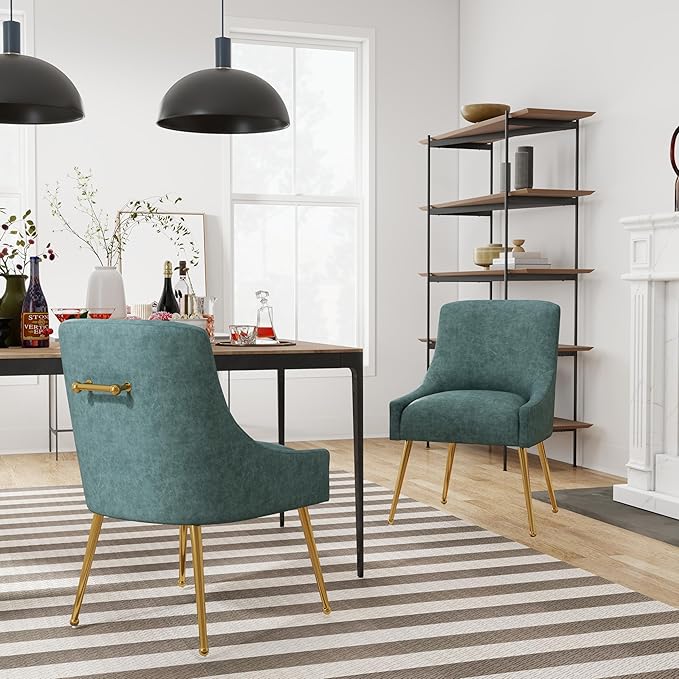 Dining Room Chair Faux Leather Vanity Chairs Set of 2 Mid-Century with Metal Legs Upholstered PU Leather Luxury Accent Chairs Living Room Restaurant(Navy)