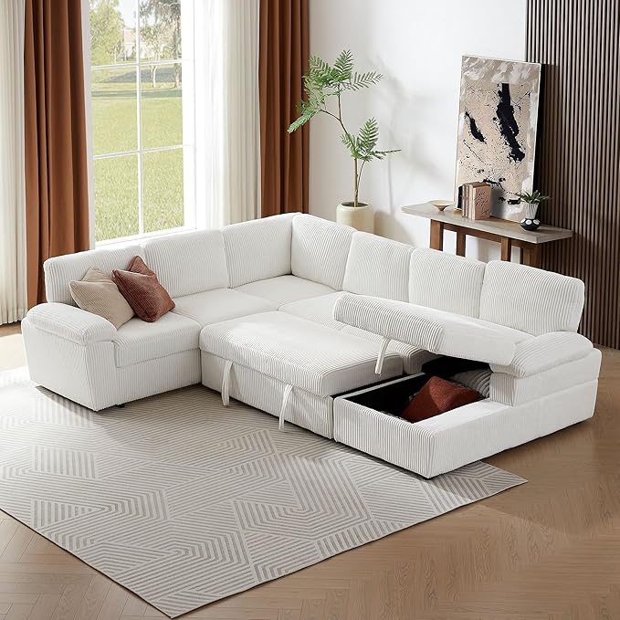 KEIKI 118 L-Shaped Oversized Modular Corduroy Sectional Sofa with Right Chaise Lounge Pull-Out Bed Upholstered Convertible 4-Seater Couch with Storage Seat Easy Assembly for Living Room Beige