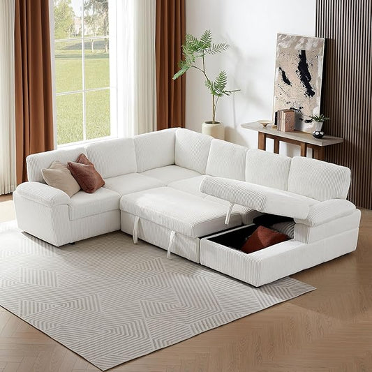 KEIKI 118 L-Shaped Oversized Modular Corduroy Sectional Sofa with Right Chaise Lounge Pull-Out Bed Upholstered Convertible 4-Seater Couch with Storage Seat Easy Assembly for Living Room Beige