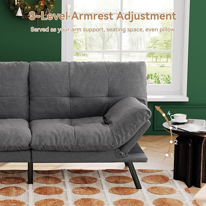 Convertible Futon Sofa Bed71 Modern Fabric Futon Couch with Adjustable Backrest&ampArmrestSmall Loveseat Sleeper SofaDorm Futonsofa for ApartmentLiving RoomDetachable CushionsFog Grey