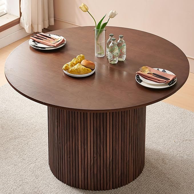 Kitchen&ampDining Room Table Set for 4 Walnut Wooden Dining Table Round and Upholstered Kitchen Side Living Room Chairs Set Rustic Dining Set with Grey Velvet Chairs for Apartment Dining Hall
