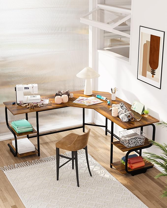 Teraves Modern L Shaped Desk with Shelves64.84 Computer/Gaming Desk for Home OfficeCorner Desk with Desktop (Teak+Black Frame Large+4 Tier Shelves)