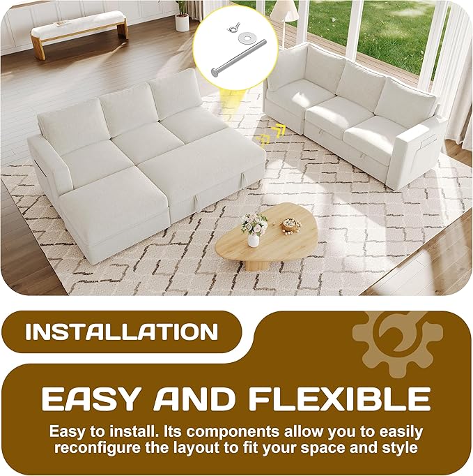 106.7 Sectional Sleeper Sofa with Pull Out Couch Modern 7 Seat U Shaped Modular Couch Sectionals Modular Sofa with Storage Comfy Sectional Couches for Living Room &amp Apartment Light Beige
