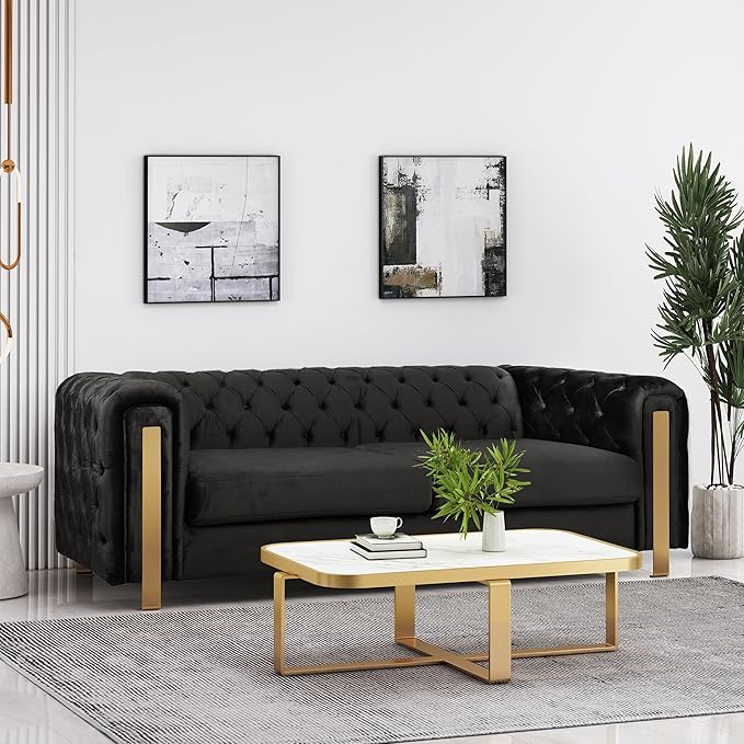 Merax Comfy 3-seat Sofa with Tufted Back and Arm and Gold Iron Legs Modern Couch for Living Room Bedroom Apartment Office Black