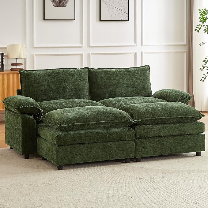 Modular Sectional Sofa 80.3 Inch U Shaped Couch Set with Armrests 3-Seater Comfy Cloud Boneless Couches with 2 Movable Ottomans for Living Room Apartment Dark Green