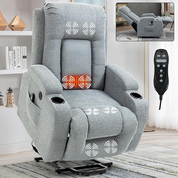 Power Lift Recliner Chair for Elderly with Infinite Position 350 LBS Capacity 8-Point Massage &amp Heating - Comfy Heavy Duty Motion Recliners Chairs for Living Room Small SpacesGrey