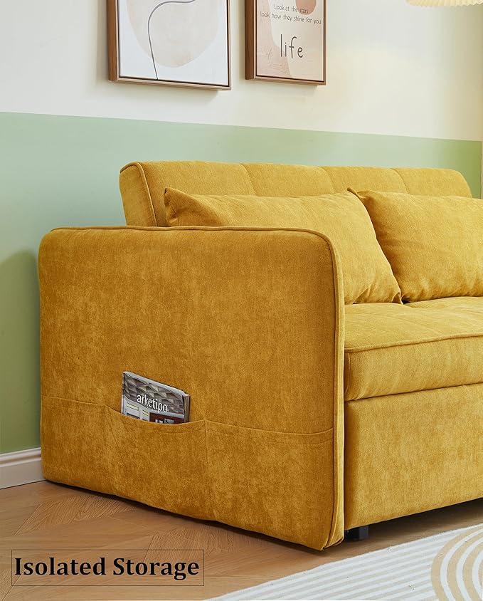 JULYFOX Yellow Pull Out Sofa Sleeper Bed 53.5 inch Wide Loveseat Couch Sleeper with Armrest 2 Throw Pillows Heavy Duty Design for Small Spaces