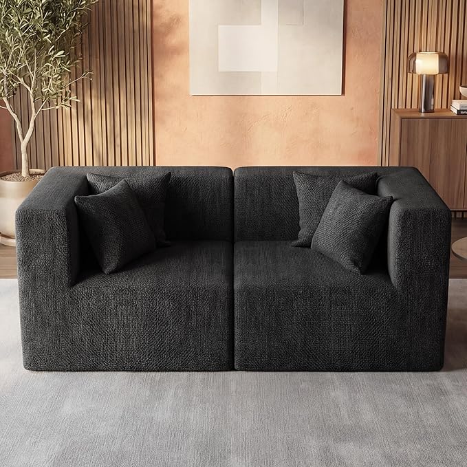 75 Loveseat Sofa Comfy Chenille Cloud Couch with 4 Pillows Modern Deep Seat Boneless Couch 2 Seater Sofa for Living Room Bedroom and Apartment No Assembly Required Black