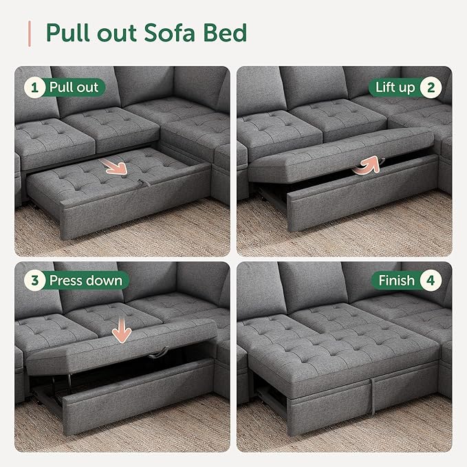 HONBAY Modular Sectional Couch with Pull Out Bed Sleeper Sofa with Storage U Shaped Modular Sectional Couches for Living RoomMid Grey