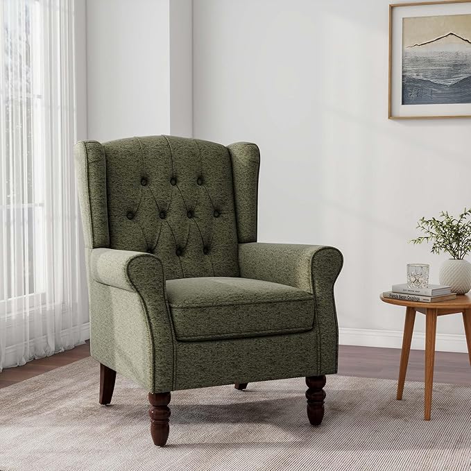 Accent Chair Upholstered Armchair with Button Tufted High Back &amp Solid Wood Legs Comfy Wingback Reading Single Sofa Chair for Small Spaces Living Room Bedroom (Green Set of 1)