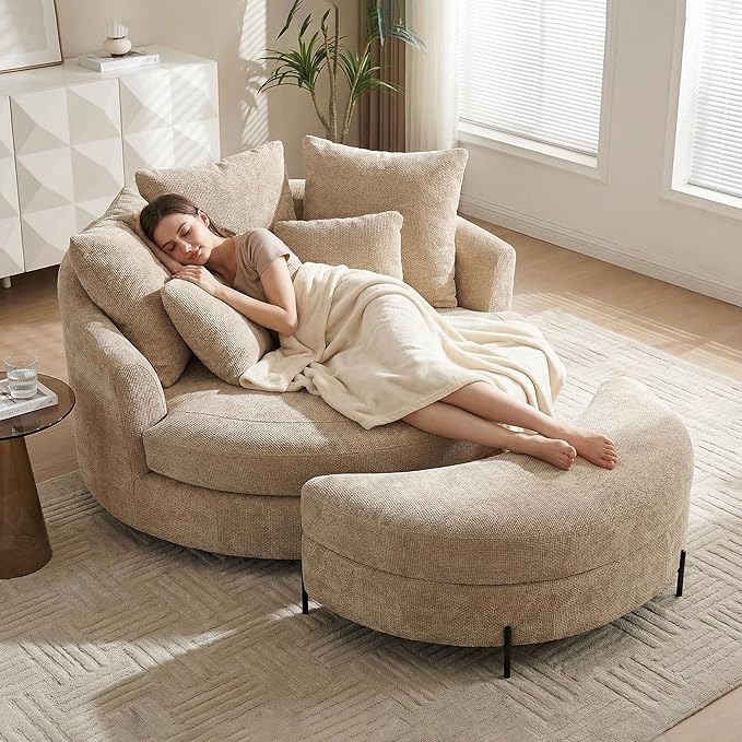 Aoiy &amp Wifon 59.8 W Oversized Barrel Chair with Ottoman Round Chair with Ottoman Extra Large Living Room Chair Set with Wheels Knitted Chenille Wheat