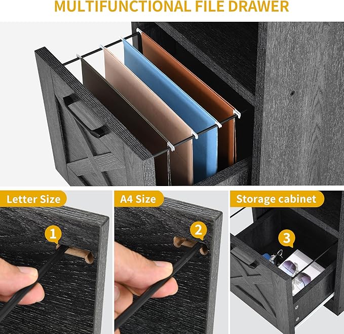 DWVO L Shaped Desk with File Drawer 60 Corner Computer Desk with Power Outlets Home Office Desk with Monitor Stand &amp Storage Shelves &amp File Cabinet Grey
