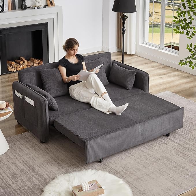 Ball &amp Cast 66 Convertible Sofa Bed3-in-1 Corduroy Loveseat Sleeper Pull Out Couch Bed with Pillows and Side Pockets Deep Seat Comfy Sofa Couches for Living RoomApartmentDark Grey